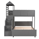 Stairway Twin Over Full Bunk Bed, House Bed with Two Shelves and Seven Drawers,Gray - Home Elegance USA