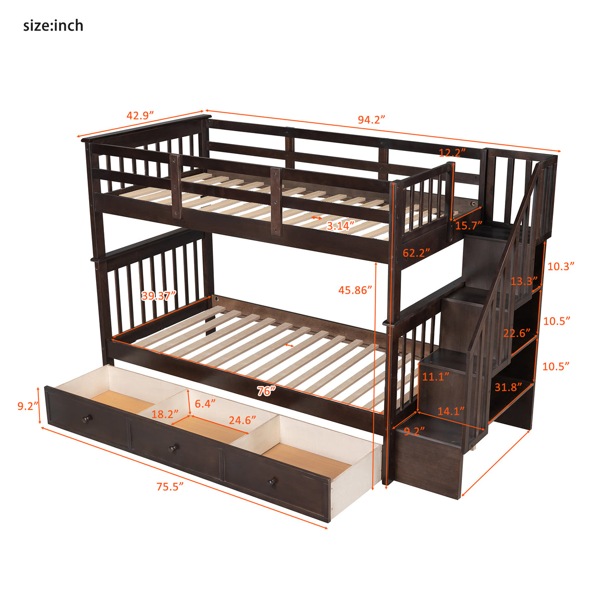 Stairway Twin-Over-Twin Bunk Bed with Three Drawers for Bedroom, Dorm - Espresso(Old sku: LP000309AAP) - Home Elegance USA