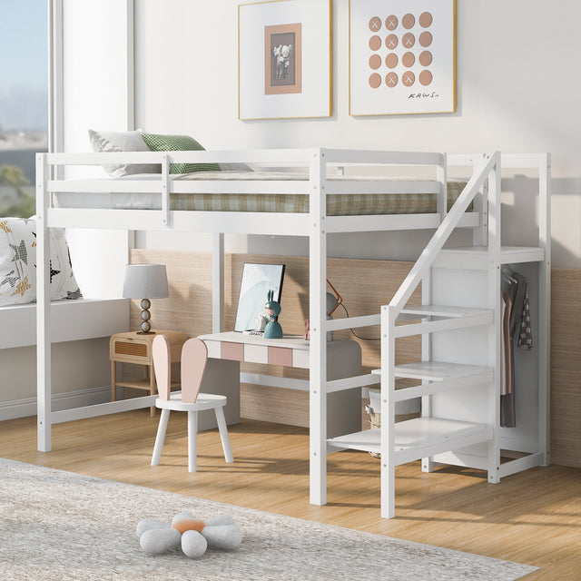 Full Size Loft Bed with Built-in Storage Wardrobe and Staircase,White - Home Elegance USA