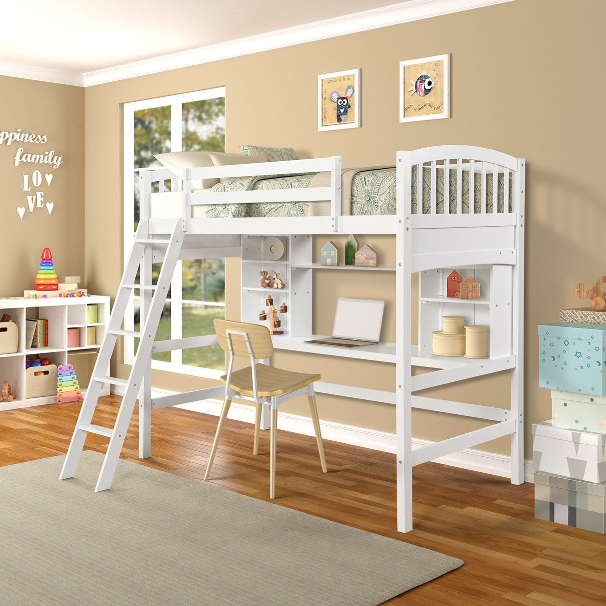 Twin size Loft Bed with Storage Shelves, Desk and Ladder, White(OLD SKU :LP000140KAA) - Home Elegance USA