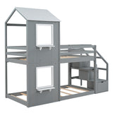 Twin Over Twin Bunk Bed with Storage Stairs,Wood Bed with Roof, Window, Guardrail, Ladder，Gray+White - Home Elegance USA