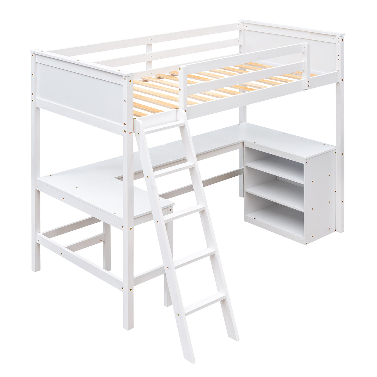 Twin size Loft Bed with Shelves and Desk, Wooden Loft Bed with Desk - White(OLD SKU:LT000537AAK) - Home Elegance USA