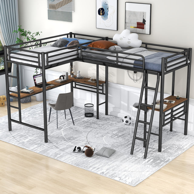 Twin Size Metal Loft Bed with Two Built-in Desks,Black - Home Elegance USA