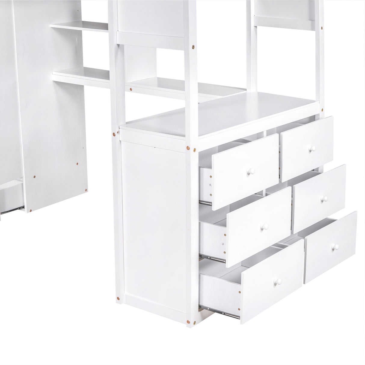 Twin Size Loft Bed with Wardrobe and Drawers, attached Desk with Shelves, White - Home Elegance USA