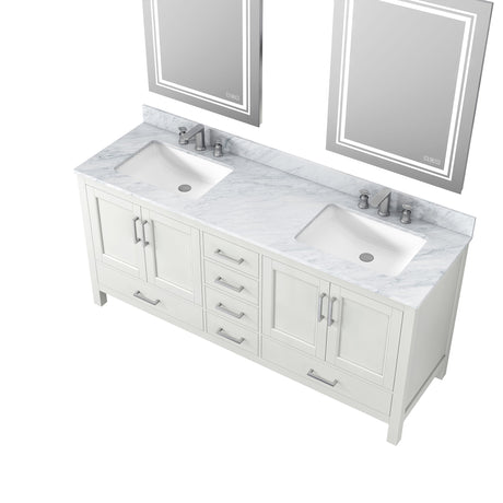 72" White Solid Wood Bathroom Vanity Set with Carrara White Natural Marble, CUPC Ceramic Sink and Three Hole Faucet Hole with Backsplash