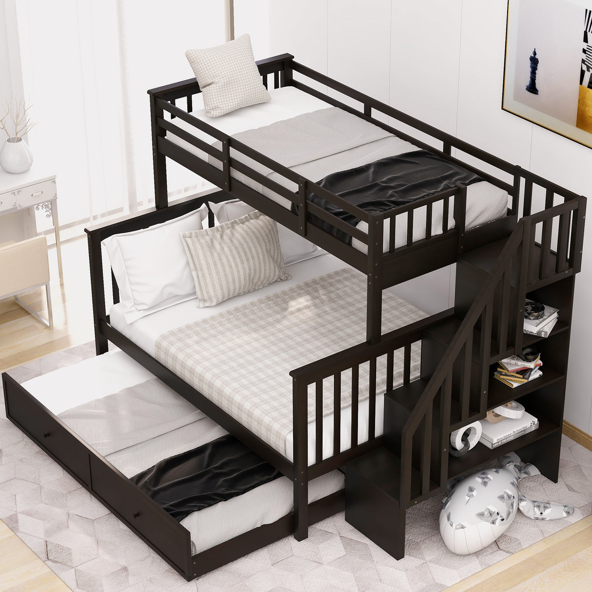 Stairway Twin-Over-Full Bunk Bed with Twin size Trundle, Storage and Guard Rail for Bedroom, Dorm, for  Adults, Espresso (OLD SKU :LP000119AAP) - Home Elegance USA