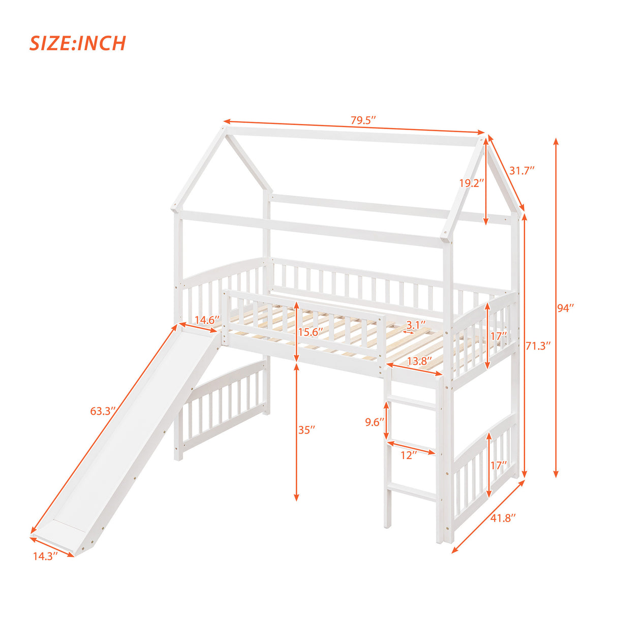 Twin Loft Bed with Slide, House Bed with Slide,White(OLD SKU :LT000212AAK) - Home Elegance USA