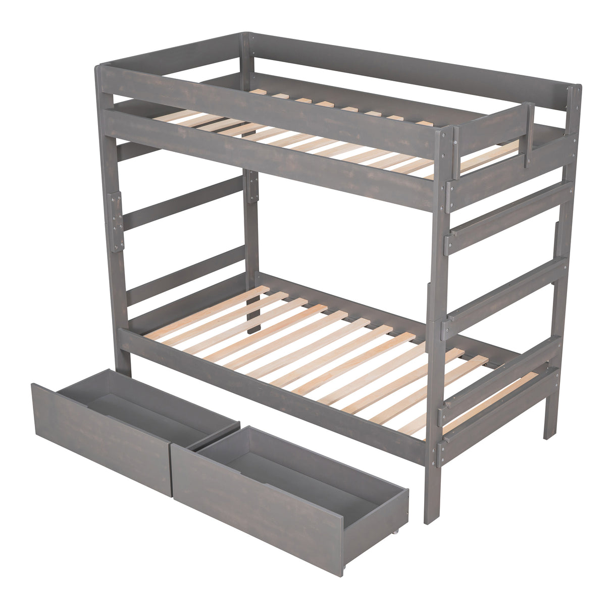 Twin over Twin Wood Bunk Bed with 2 Drawers, Gray - Home Elegance USA