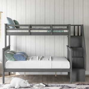 Stairway Twin-Over-Full Bunk Bed with Storage and Guard Rail for Bedroom, Gray color(OLD SKU :LP000019AAE) - Home Elegance USA