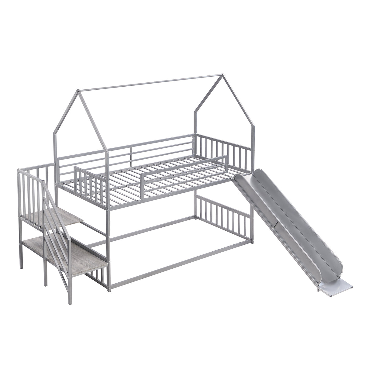 Twin over Twin Metal Bunk Bed House Bed with Slide and Staircase, Silver - Home Elegance USA