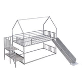 Twin over Twin Metal Bunk Bed House Bed with Slide and Staircase, Silver - Home Elegance USA