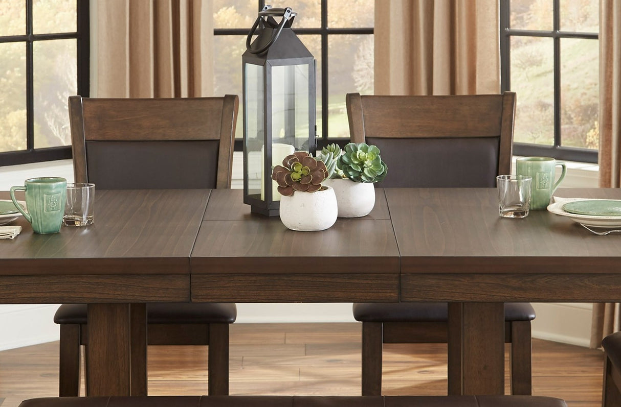 Transitional 6pc Dining Set Table with Self-Storing Leaf Bench Upholstered 4x Side Chairs Light Rustic Brown Finish Dining Room Furniture - Home Elegance USA