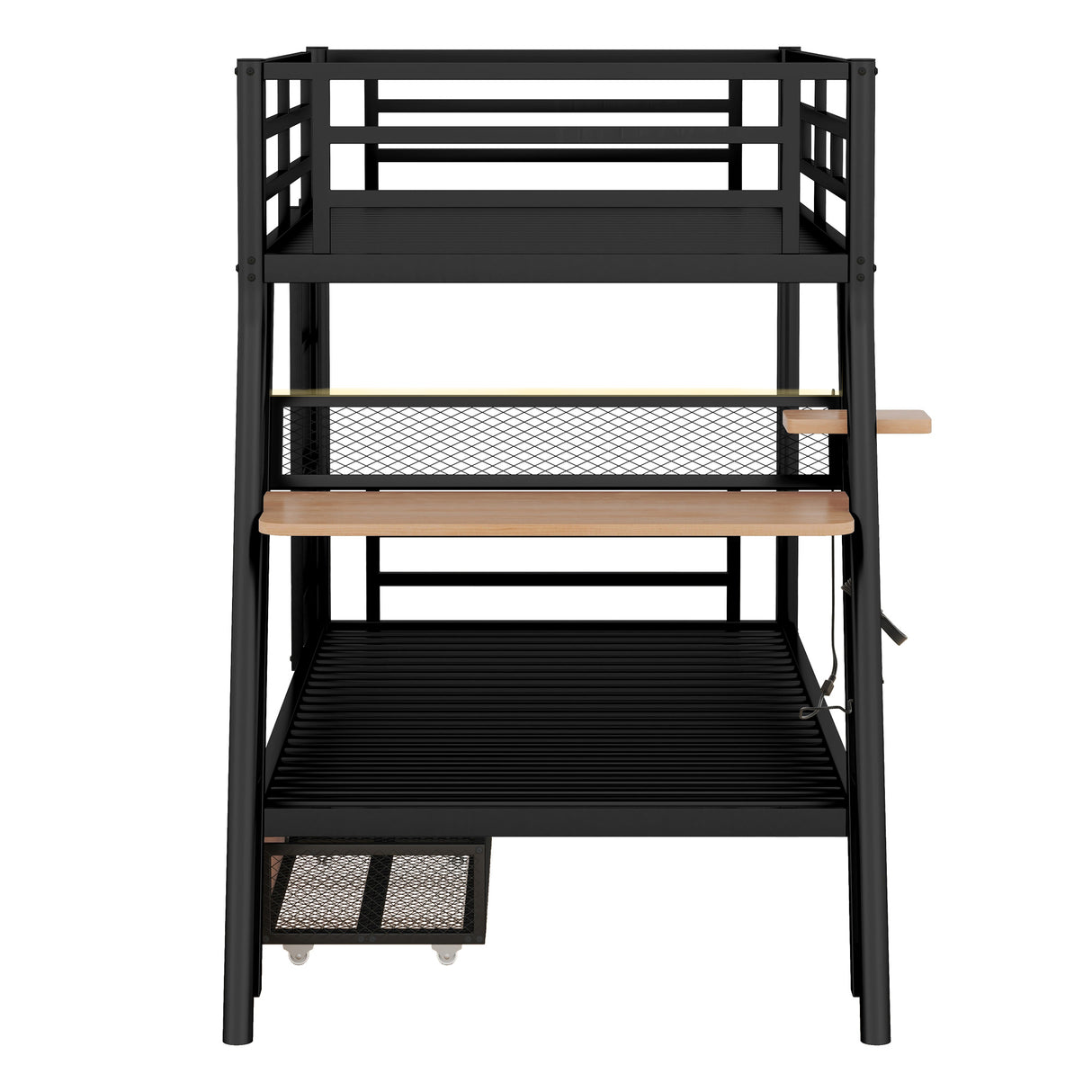 Twin Size Metal Bunk Bed with Built-in Desk, Light and 2 Drawers, Black(Expected Arrival Time: 9.18)