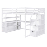 Full Size Loft Bed with Desk and Shelves, Two Built-in Drawers, Storage Staircase, White