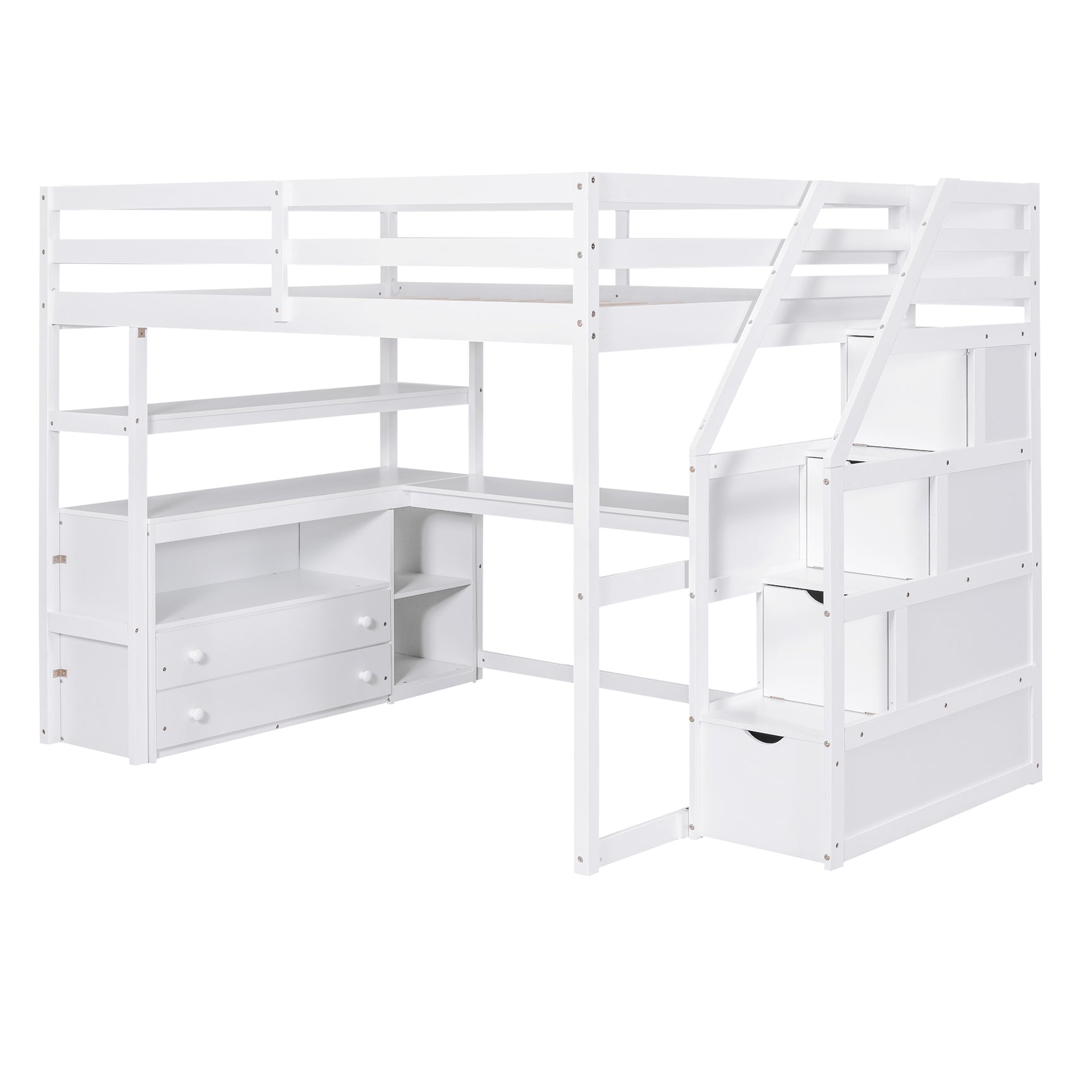 Full Size Loft Bed with Desk and Shelves, Two Built-in Drawers, Storage Staircase, White