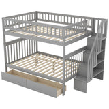 Full over Full Bunk Bed with Two Drawers and Storage, Gray - Home Elegance USA