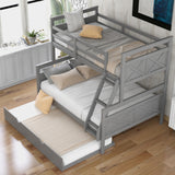 Twin over Full Bunk Bed with Ladder, Twin Size Trundle, Safety Guardrail, Gray - Home Elegance USA