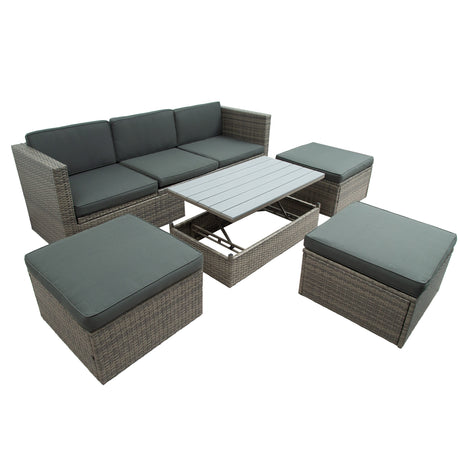 U_STYLE Patio Furniture Sets, 5-Piece Patio Wicker Sofa with Adustable Backrest, Cushions, Ottomans and Lift Top Coffee Table