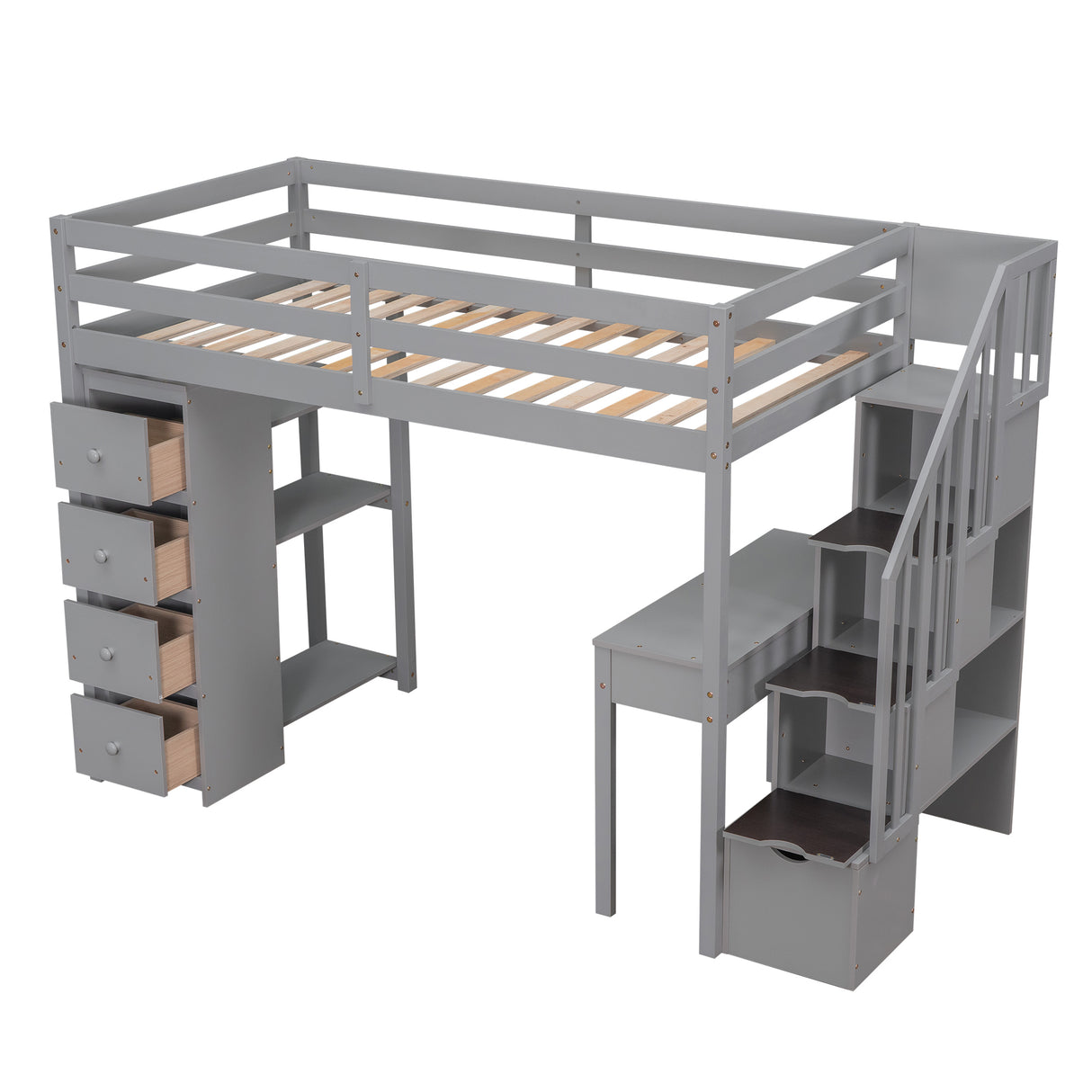 Twin size Loft Bed with Storage Drawers ,Desk and Stairs, Wooden Loft Bed with Shelves - Gray - Home Elegance USA