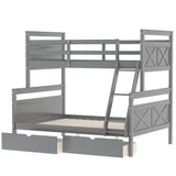 Twin over Full Bunk Bed with Ladder, Two Storage Drawers, Safety Guardrail, Gray - Home Elegance USA