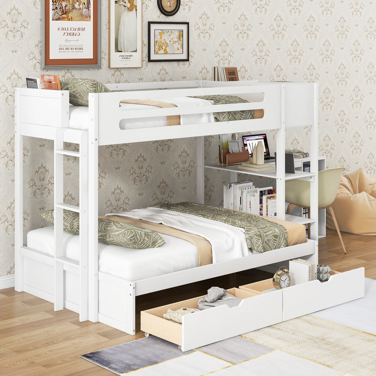 Wood Twin over Full Bunk Bed with Drawers, Shelves, Cabinets, L-shaped Desk and Magazine Holder, White - Home Elegance USA