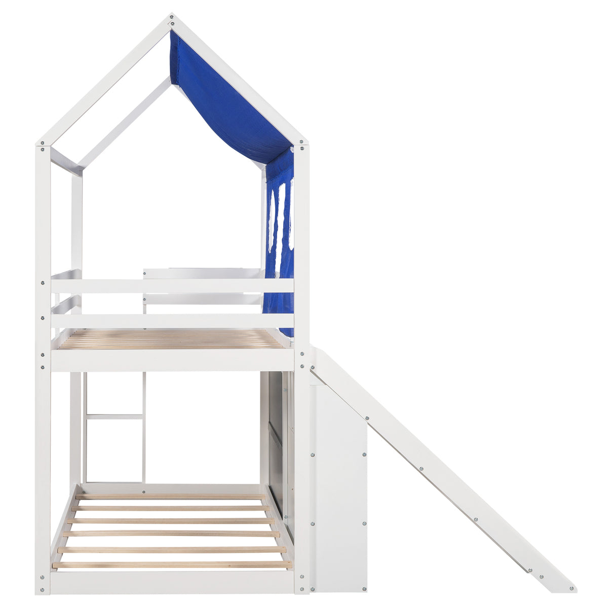 Twin over Twin House Bunk Bed with Blue Tent, Slide, Shelves and Blackboard, White - Home Elegance USA