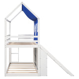 Twin over Twin House Bunk Bed with Blue Tent, Slide, Shelves and Blackboard, White - Home Elegance USA