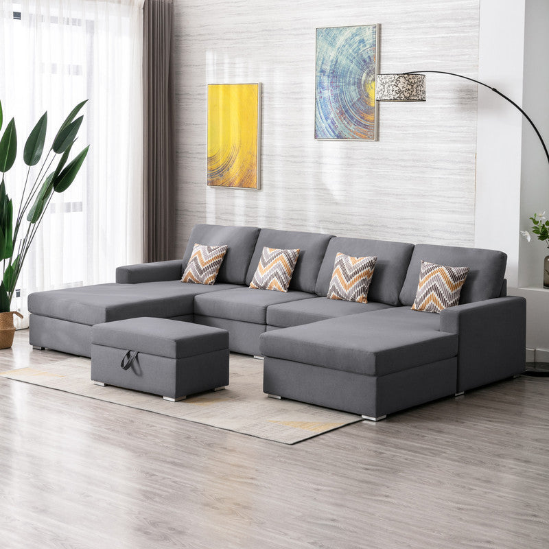 Nolan Gray Linen Fabric 5Pc Double Chaise Sectional Sofa with Interchangeable Legs, Storage Ottoman, and Pillows - Home Elegance USA