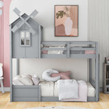 Twin over Twin Bunk Bed with Roof and Window, with Guardrails and Ladder, Gray - Home Elegance USA