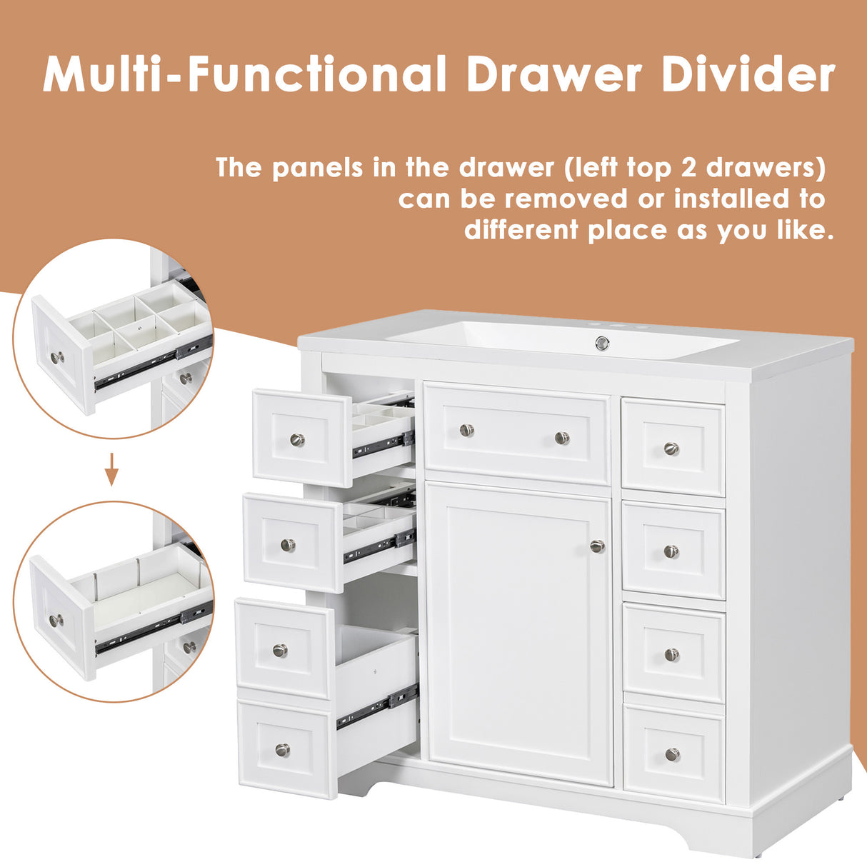 36" Bathroom Vanity with Sink Combo, One Cabinet and Six Drawers, Solid Wood and MDF Board, White - SY999404AAK - image - 4