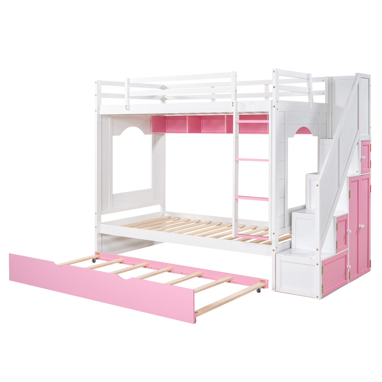 Twin Over Twin Bunk Bed with Trundle ,Stairs,Ladders Solid Wood Bunk bed with Storage Cabinet （White + Pink） - Home Elegance USA