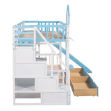 Twin-Over-Twin Castle Style Bunk Bed with 2 Drawers 3 Shelves and Slide - Blue