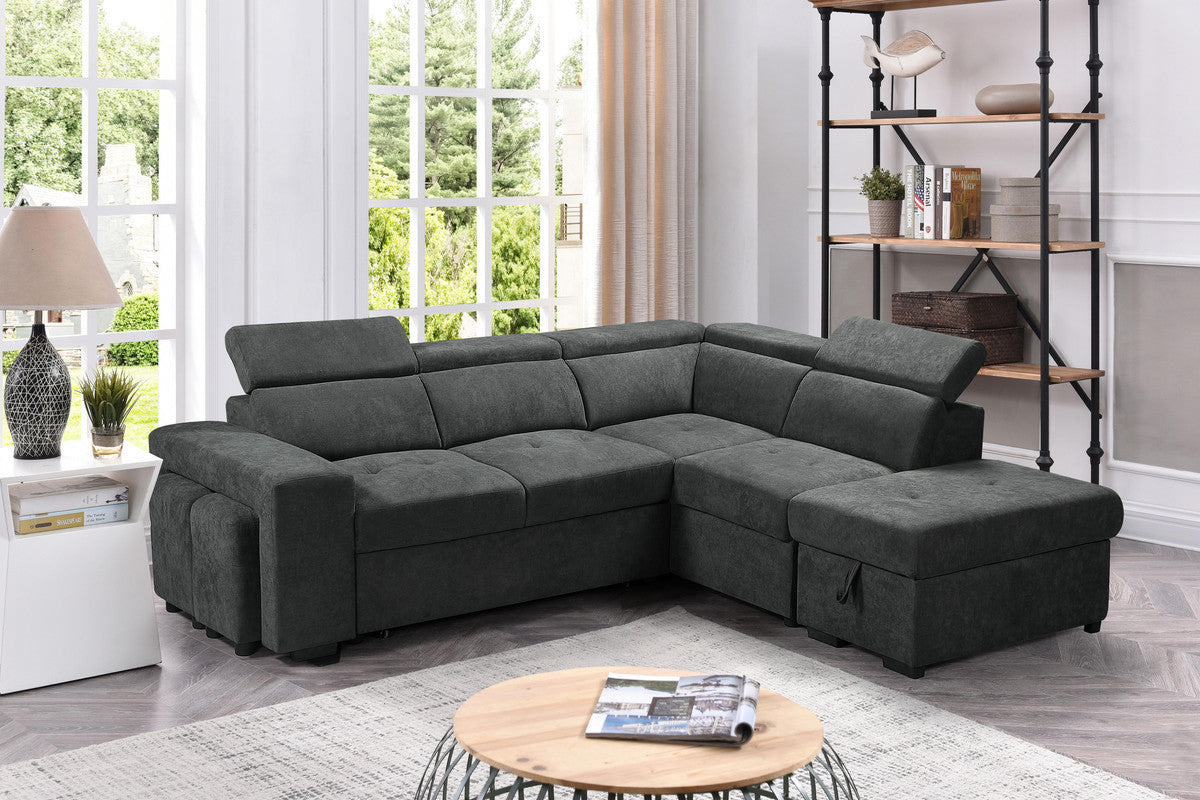 Henrik Dark Gray Sleeper Sectional Sofa with Storage Ottoman and 2 Stools - Home Elegance USA