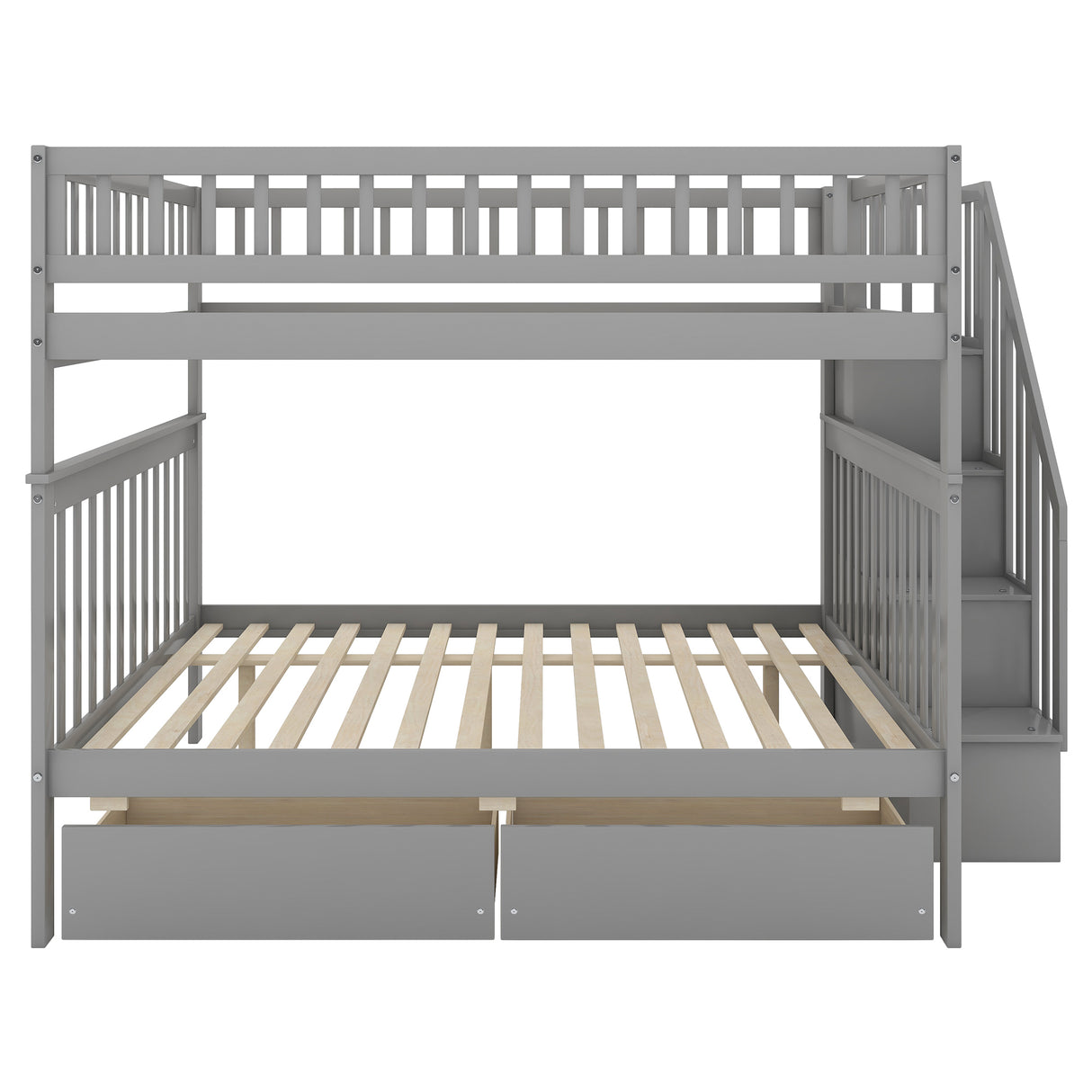 Full over Full Bunk Bed with Two Drawers and Storage, Gray - Home Elegance USA