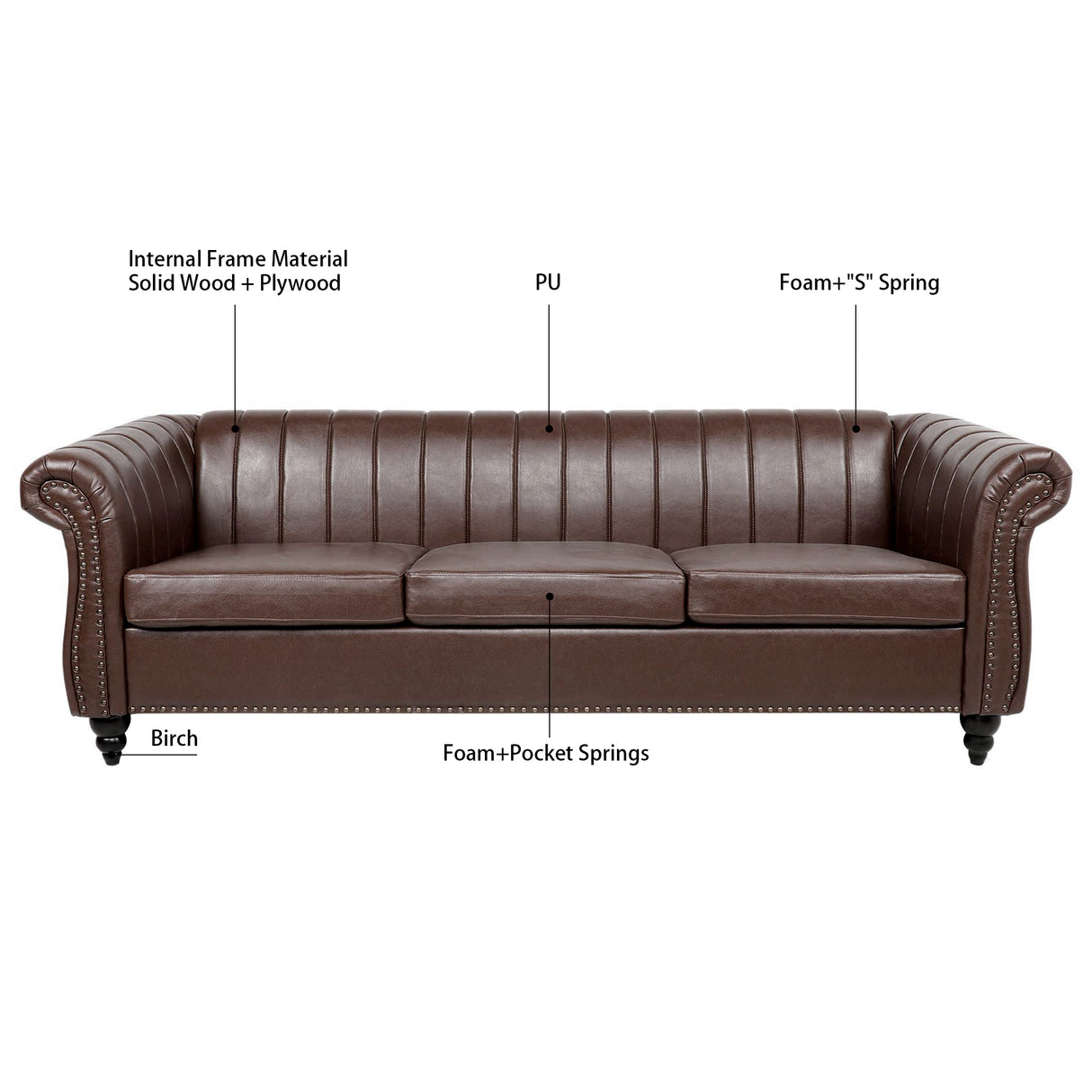 83.46'' Brown PU Rolled Arm Chesterfield Three Seater Sofa. - W68031446 - image - 8