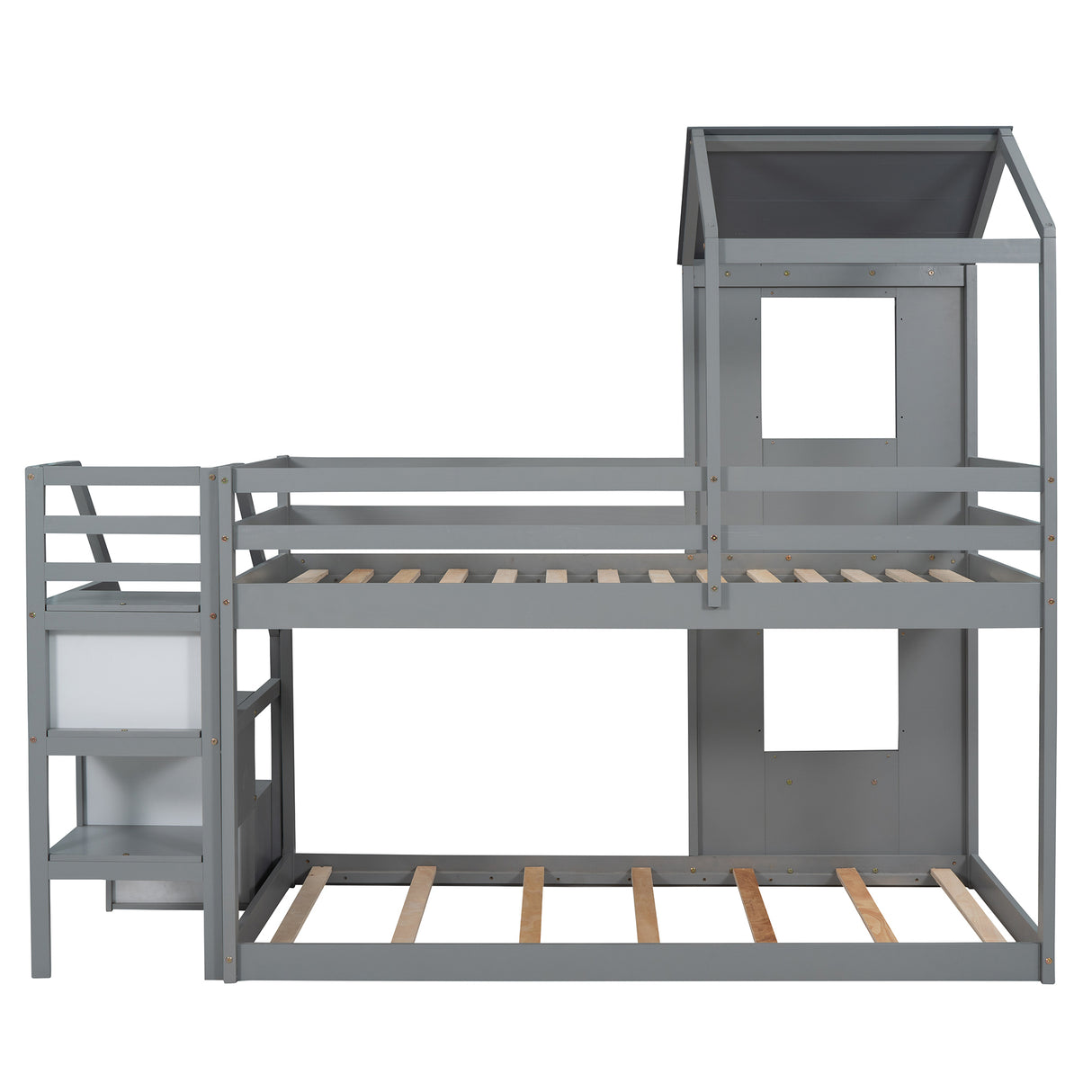 Twin Over Twin Bunk Bed with Storage Stairs,Wood Bed with Roof, Window, Guardrail, Ladder，Gray