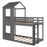 Twin Over Twin Bunk Bed Wood Bed with Roof, Window, Guardrail, Ladder (Gray) - Home Elegance USA