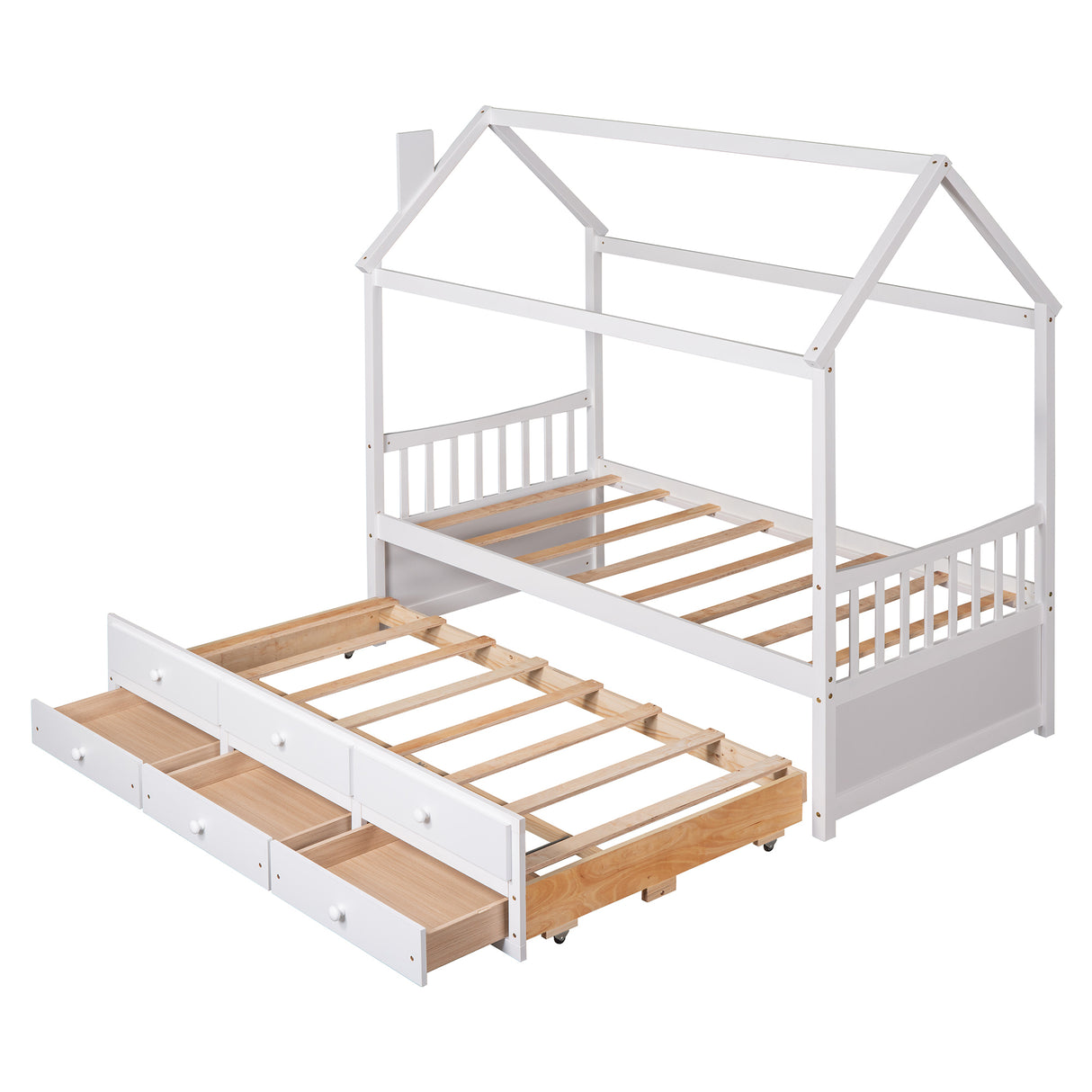 Twin size Wooden House Bed with Trundle and 3 Storage Drawers-White - Home Elegance USA