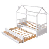 Twin size Wooden House Bed with Trundle and 3 Storage Drawers-White - Home Elegance USA