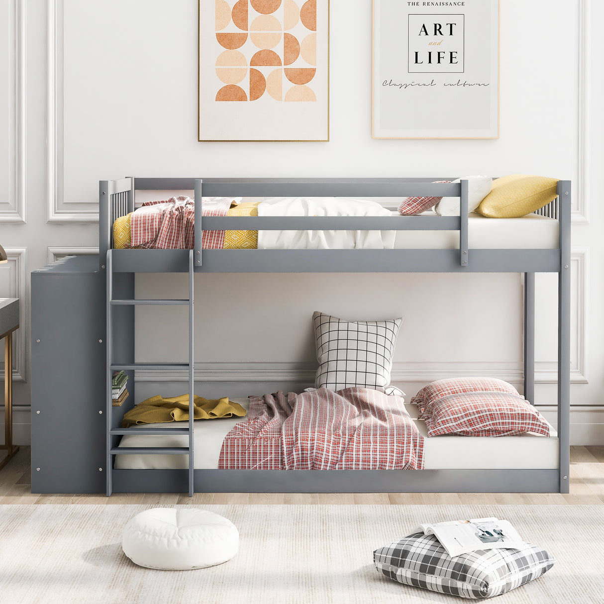 Twin over Twin Bunk Bed with Attached Cabinet and Shelves Storage ,Gray (OLD SKU:GX000513AAE) - Home Elegance USA