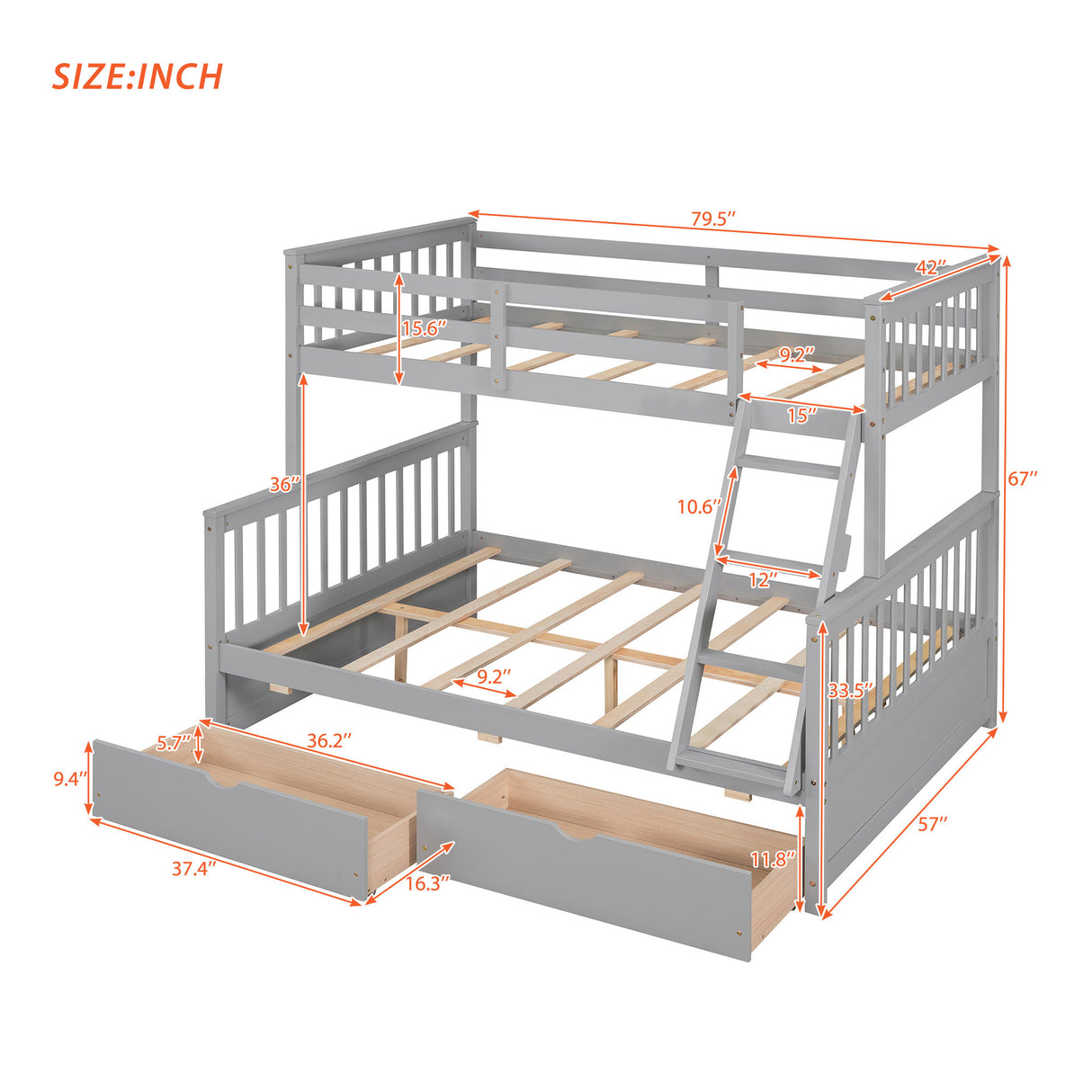 Twin-Over-Full Bunk Bed with Ladders and Two Storage Drawers(Gray)( old sku:LT000165AAE） - Home Elegance USA