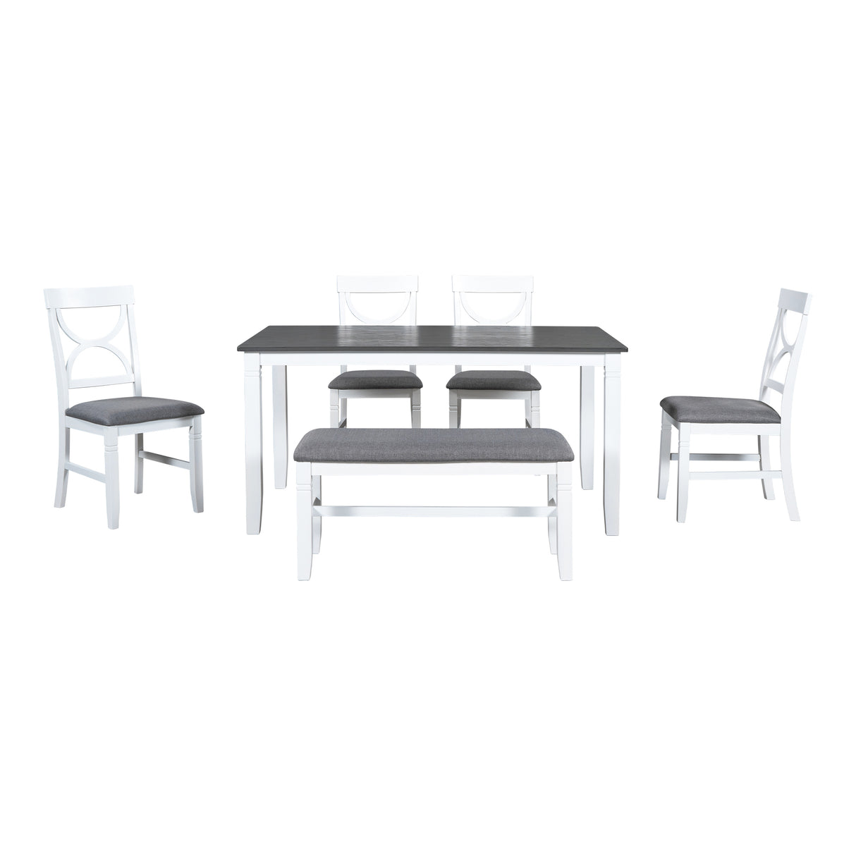 TOPMAX 6-Piece Wood Dining Table Set Kitchen Table Set with Upholstered Bench and 4 Dining Chairs, Farmhouse Style,Gray+White - Home Elegance USA