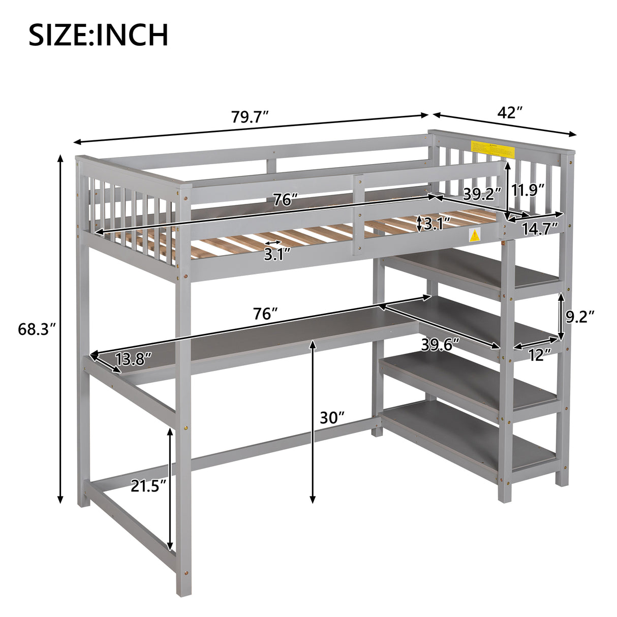 Twin Size Loft Bed with Storage Shelves and Under-bed Desk, Gray(OLD SKU:SM000245AAE-1) - Home Elegance USA