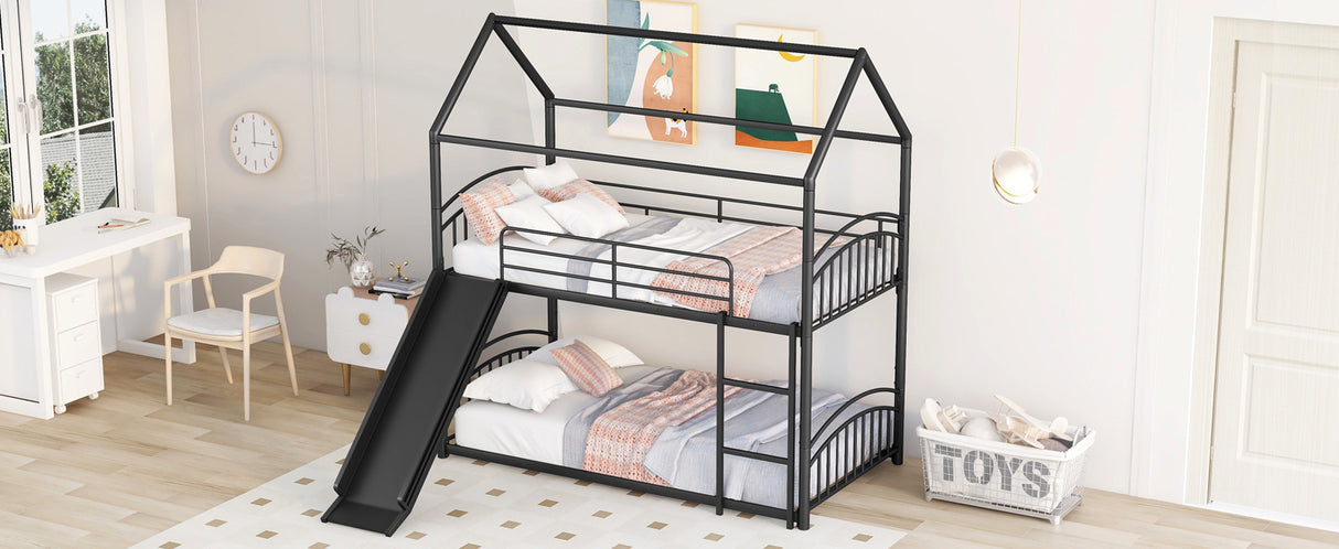 Twin Over Twin Metal Bunk Bed With Slide,Kids House Bed Black - Home Elegance USA