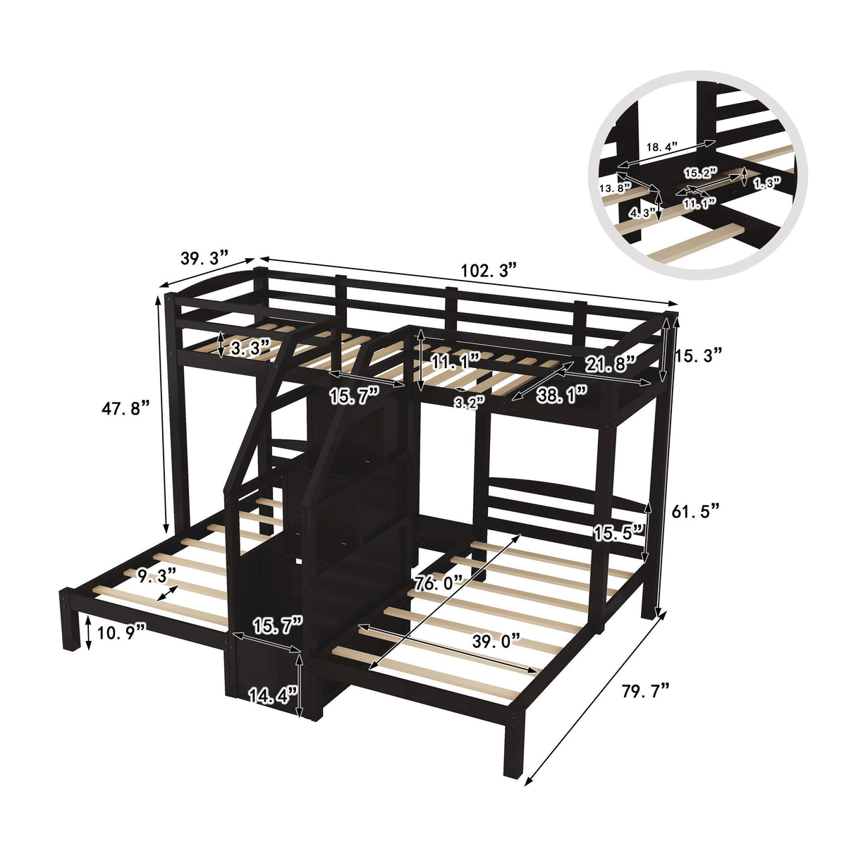 Twin over Twin & Twin Bunk Bed with Built-in Staircase and Storage Drawer,Espresso Home Elegance USA