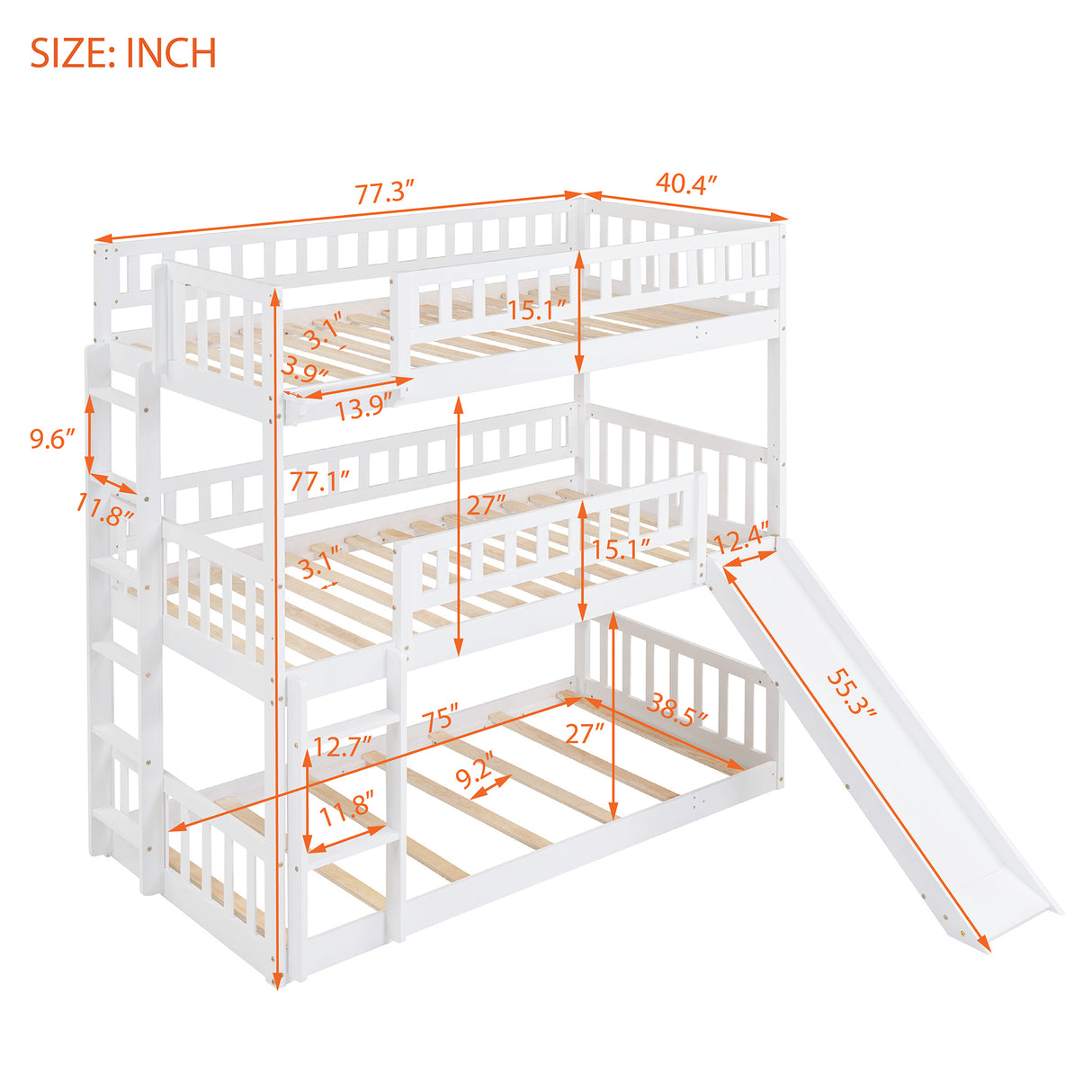 Twin-Over-Twin-Over-Twin Triple Bed with Built-in Ladder and Slide, Triple Bunk Bed with Guardrails, White(OLD SKU: LP000051AAK) - Home Elegance USA