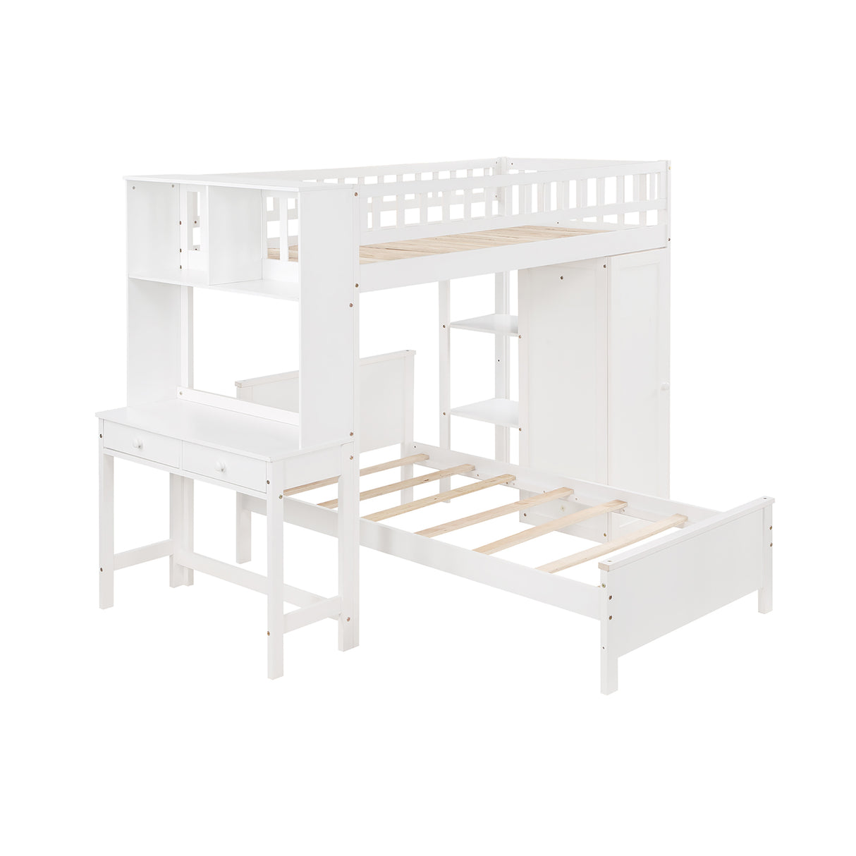 Twin Size Loft Bed with Closet and Desk, Extra Bottom Twin Bed, White - Home Elegance USA