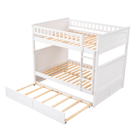 Full Over Full Bunk Bed with Twin Size Trundle, Pine Wood Bunk Bed with Guardrails, White （Old SKU:LP000044AAK）