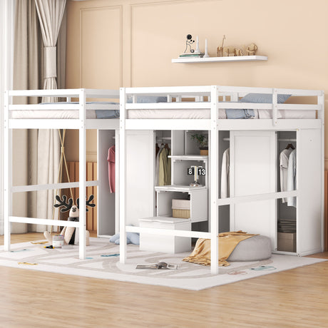 Double Twin Loft Beds with Wardrobes and Staircase, White - Home Elegance USA