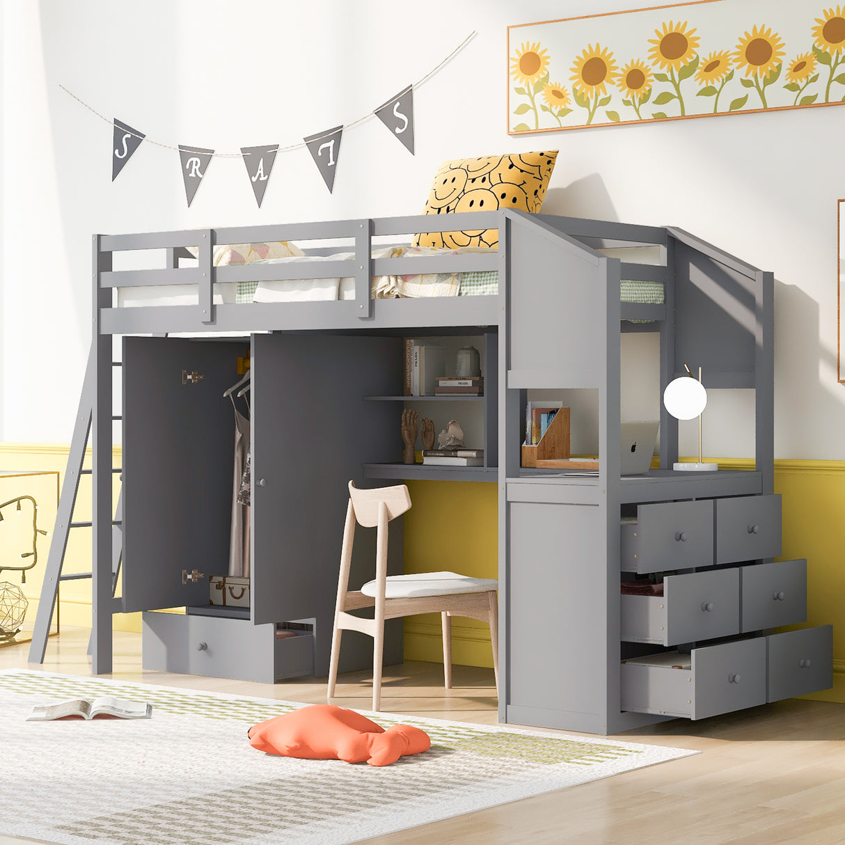 Twin Size Loft Bed with Wardrobe and Drawers, attached Desk with Shelves, Gray - Home Elegance USA